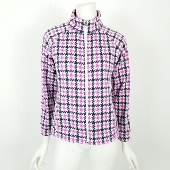 Columbia Girl's Size Large Pink & Black Houndstooth Zip Up Fleece Jacket - Picture 2 of 7